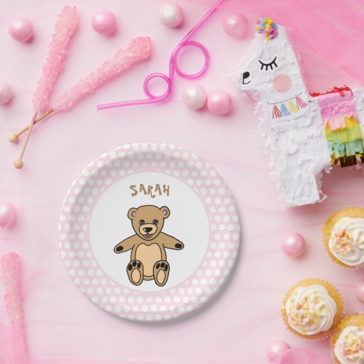 Niedliche Teddy Bären Weiße Punkte auf rosa Geburt Pappteller (Party)