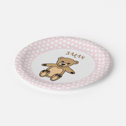 Niedliche Teddy Bären Weiße Punkte auf rosa Geburt Pappteller (Schrägansicht)