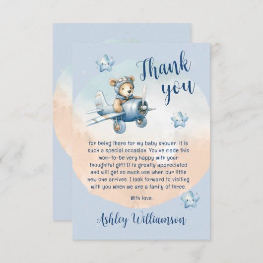 Niedliche Teddy Bear Aviator Babydusche Dankeskarte (Vorne/Hinten)