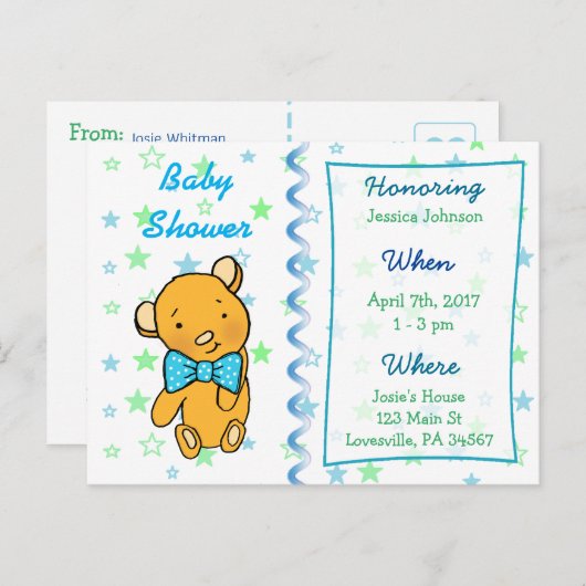 Niedliche Teddy Bear Baby Dusche Einladung (Vorne/Hinten)