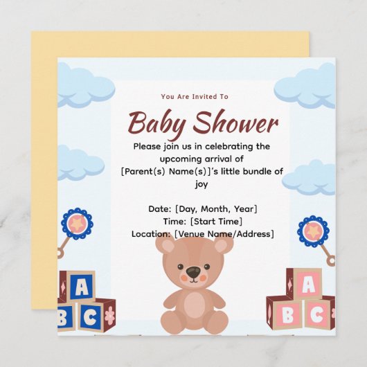 Niedliche Teddy Bear Baby Dusche Einladung (Vorne/Hinten)