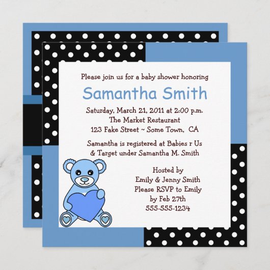 Niedliche Teddy Bear Baby Dusche Einladung Blue Bl (Vorne/Hinten)