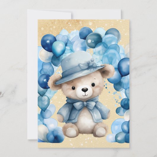 Niedliche Teddy Bear Balloon Arch Boy Babydusche Einladung (Rückseite)