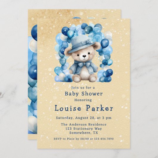 Niedliche Teddy Bear Balloon Arch Boy Babydusche Einladung (Vorne/Hinten)