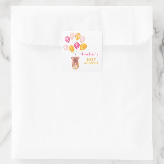 Niedliche Teddy Bear Balloon Baby Girl Baby Show Quadratischer Aufkleber (Tasche)