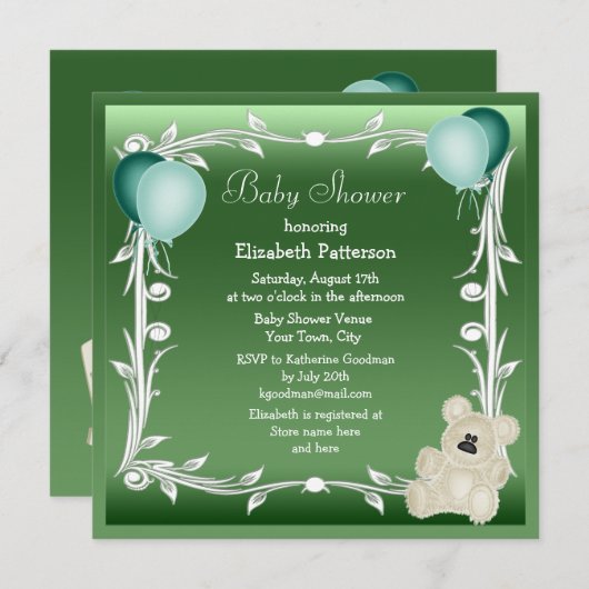 Niedliche Teddy Bear & Balloons Neutral Baby Dusch Einladung (Vorne/Hinten)