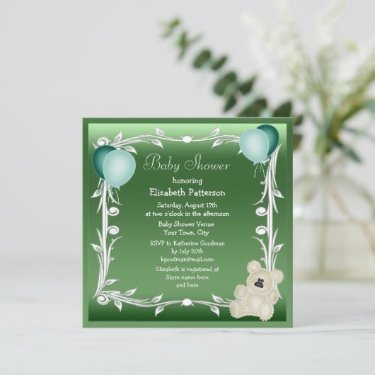 Niedliche Teddy Bear & Balloons Neutral Baby Dusch Einladung (Stehend Vorderseite)