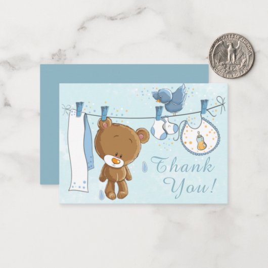 Niedliche Teddy Bear Blue Clothesline Vielen Dank Mitteilungskarte (Vorderseite/Rückseite Beispiel)