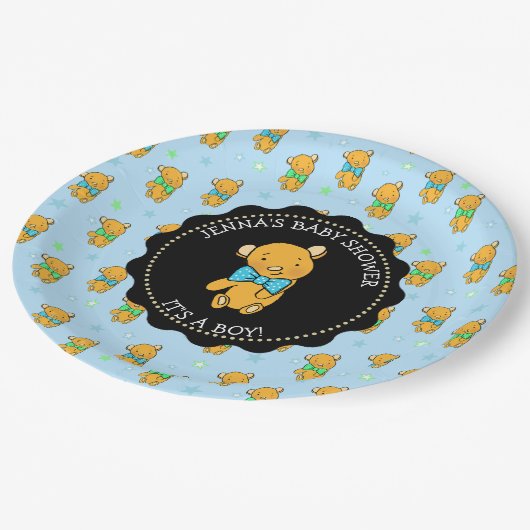 Niedliche Teddy Bear Boy's Baby Dusche Pappteller (Schrägansicht)