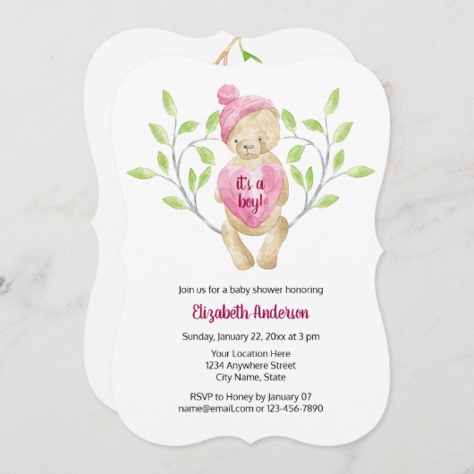 Niedliche Teddy Bear Heart Baby Dusche Einladung (Vorne/Hinten)