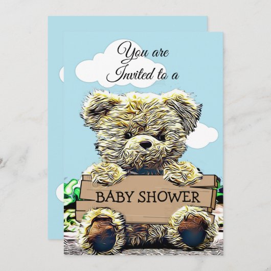 Niedliche Teddy Bear Holding Baby Dusche Schild Einladung (Vorne/Hinten)