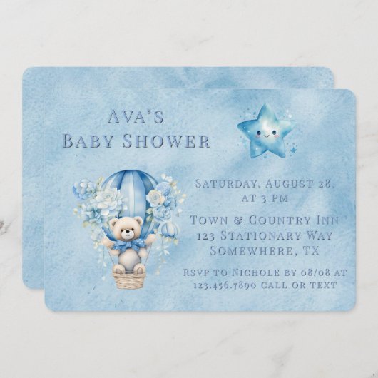 Niedliche Teddy Bear Hot Air Ballon Boy Babydusche Einladung (Vorne/Hinten)