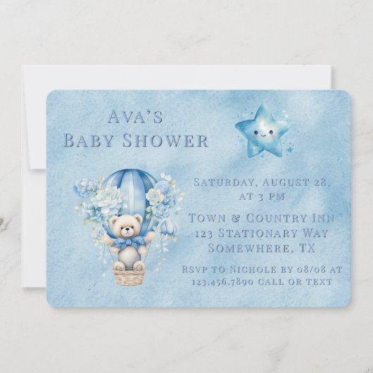 Niedliche Teddy Bear Hot Air Ballon Boy Babydusche Einladung (Vorderseite)