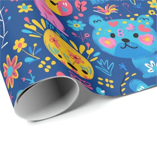 Niedliche Teddy Bear Illustration Blue Kids Geschenkpapier (Rolleneckpunkt)