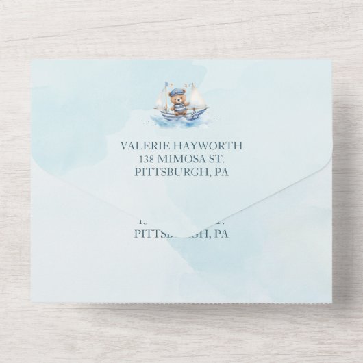 Niedliche Teddy Bear Nautical Boat Boy Babydusche All In One Einladung (Rückseite)