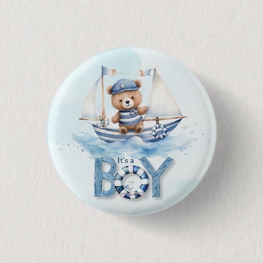Niedliche Teddy Bear Nautical Boat Boy Babydusche Button (Vorderseite)