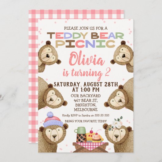 Niedliche Teddy Bear Picnic Geburtstags Einladung (Vorne/Hinten)