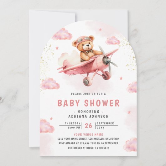 Niedliche Teddy Bear Pink Airplane Arch Baby Dusch Einladung (Vorderseite)