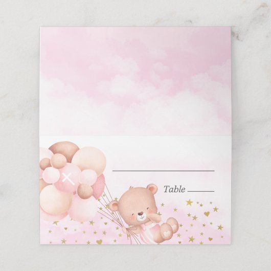 Niedliche Teddy Bear Pink Girl Taufe Platzkarte (Außenseite Aufgefaltet)