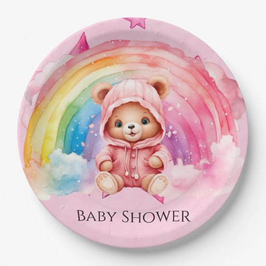 Niedliche Teddy Bear Rainbow Girl Baby Dusche Pappteller (Vorderseite)