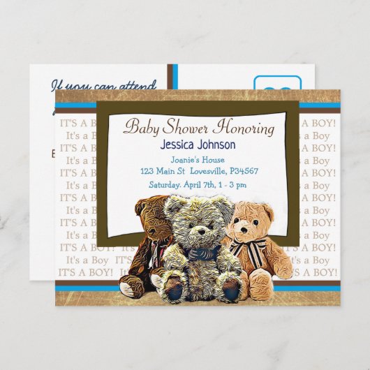Niedliche Teddy Bear Themed Boy's Baby Shower Einladungspostkarte (Vorne/Hinten)