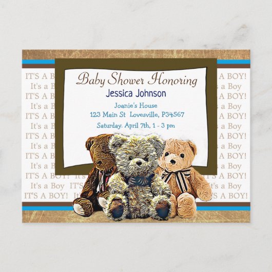 Niedliche Teddy Bear Themed Boy's Baby Shower Einladungspostkarte (Vorderseite)
