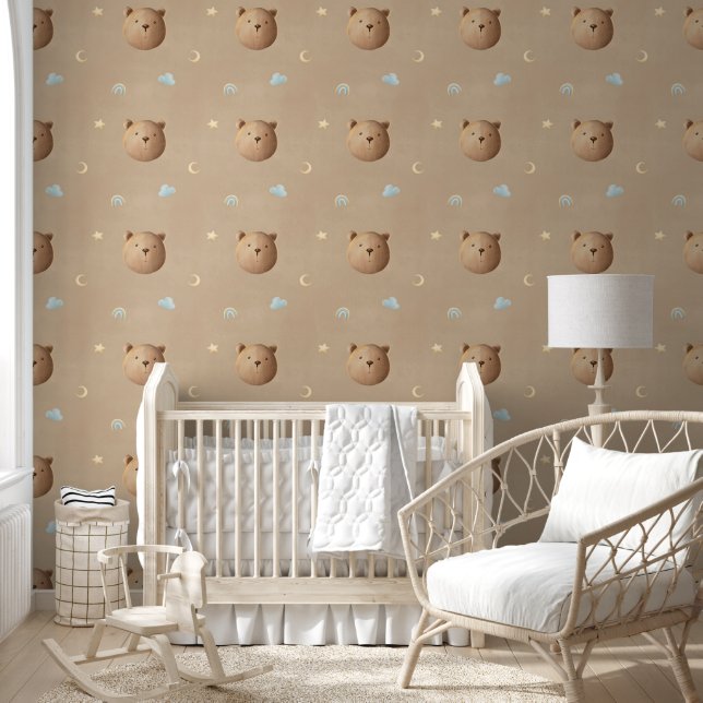 Niedliche Teddy Bear Wolken Light Brown Dreamy Kin Tapete (Kinder)