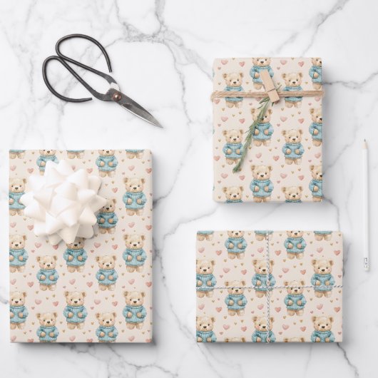 Niedliche Teddy Bears in Blue Sweaters Geschenkpapier Set (Vorderseite)