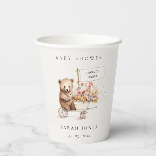Niedliche Teddy Floral Cart Babydusche Pappbecher (Rückseite)