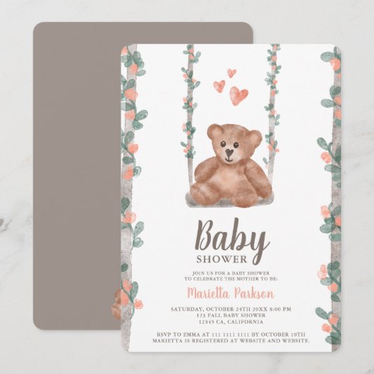 Niedliche Teddybär Blumendusche Einladung (Vorne/Hinten)