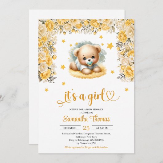 Niedliche Teddybär gelbe Blumen Mädchen Dusche Einladung (Vorne/Hinten)