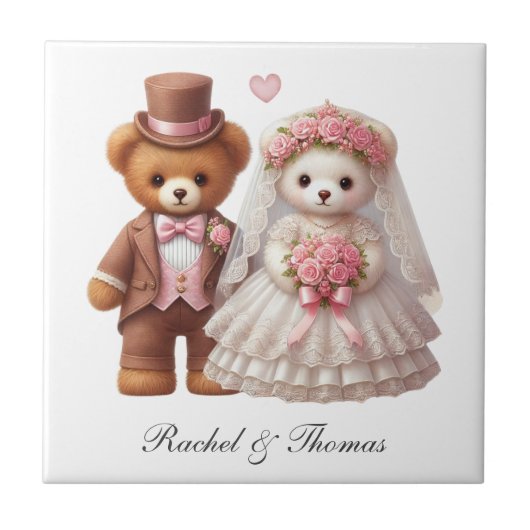 Niedliche Teddybär-Hochzeit Fliese (Vorderseite)