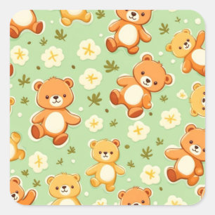 Niedliche Teddybären und Blätter grün Quadratischer Aufkleber