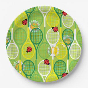 Niedliche Tennisschläger mit Ladyvögeln Pappteller