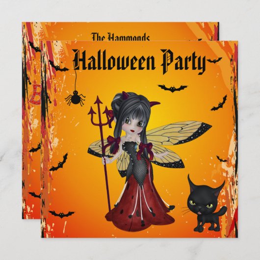 Niedliche Teufel-Mädchen-Blumen-Fee u. Katze Einladung (Vorne/Hinten)