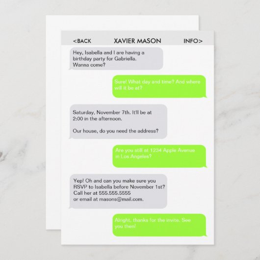 Niedliche Text-Mitteilungs-Party Einladung (Vorne/Hinten)