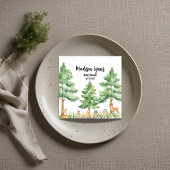 Niedliche Tiere aus Holz füttern eine Babydusche Serviette