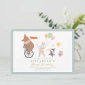 Niedliche Tiere Band zum ersten Geburtstag Einladung (Stehend Vorderseite)