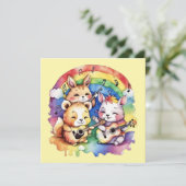 Niedliche Tiere, die im Regenbogen Musik spielen Dankeskarte (Stehend Vorderseite)