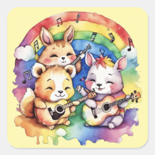 Niedliche Tiere, die im Regenbogen Musik spielen Quadratischer Aufkleber