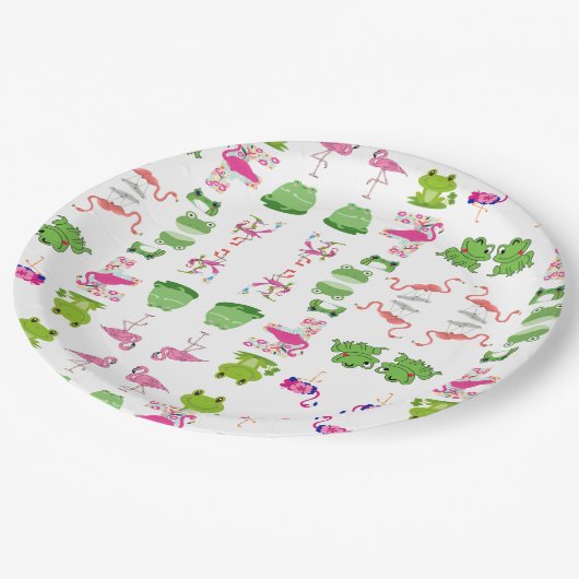 Niedliche Tiere Frösche und Flamingos Pappteller (Schrägansicht)