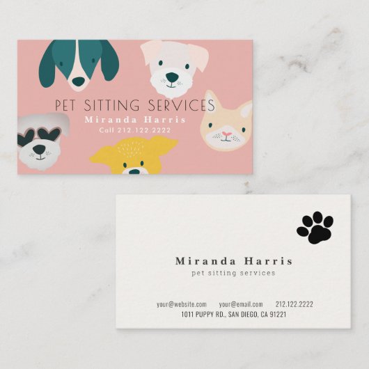 Niedliche Tiere Haustiere Sitter Dog Walker Rosa Visitenkarte (Vorne/Hinten)