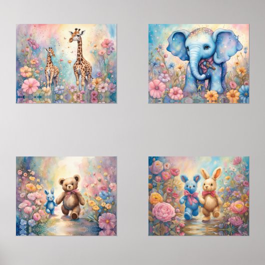 Niedliche Tiere im Blumengarten Pastell Bilderwand Sets (Vorderseite)