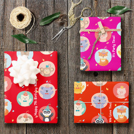 Niedliche Tiere im Party Hats Kinder Roter Glückwu Geschenkpapier Set