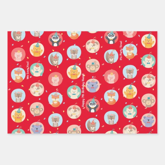 Niedliche Tiere im Party Hats Kinder Roter Glückwu Geschenkpapier Set (Vorderseite)