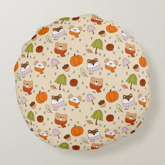 Niedliche Tiere im Rain Round Kinderzimmer Kissen (Rückseite)