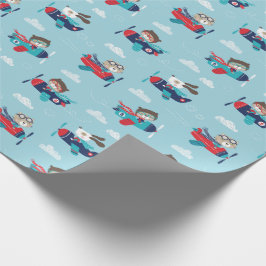 Niedliche Tiere in Flugzeugen auf blauem Wrapping  Geschenkpapier