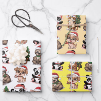 Niedliche Tiere mit Weihnachtshüten Geschenkpapier Set