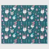 Niedliche Tiere Weihnachtsbaumen Grüne Weihnachten Geschenkpapier (Flach)