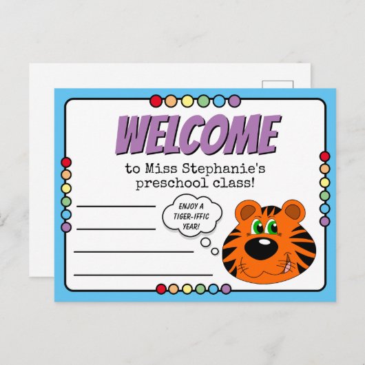 Niedliche Tiger- und Regenbogenvorschule Willkomme Postkarte (Vorne/Hinten)